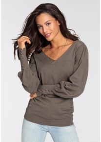 V-Ausschnitt-Pullover Laura Scott, Damen, Gr. 46, grau (taupe, melange), Feinstrick, Obermaterial: 50% Viskose, 28% Polyester, 22% Polyamid, unifarben, figurbetont h&uuml;ftlang, V-Ausschnitt, B&uuml;ndchen mit Kn&ouml;pfen, Pullover V-Ausschnitt-Pullover, mit s&uuml;&szlig;er Knopfleiste am &Auml;rmel
