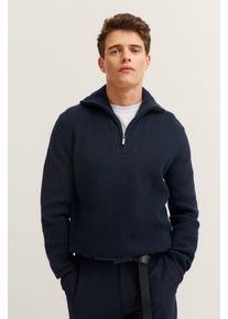 Troyer Bugatti "Regular Fit", Herren, Gr. M, 390, marine, Rippstrick, 80% Wolle, 20% Polyamid, unifarben, regular fit, ohne Ausschnitt, Rippb&uuml;ndchen, Pullover Troyer, mit Ripp-Struktur & hohem Stehkragen