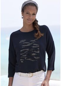 3/4-Arm-Shirt Lascana "mit Strass-Dessin", Damen, Gr. 44/46, silber (schwarz, silber), Single Jersey, Obermaterial: 95% Viskose (LENZING&trade; ECOVERO&trade;), 5% Elasthan, Glitzermuster, unifarben mit Farbeinsatz, bequem, Rundhals, Shirts 3/4-Arm-Shirt, aus hochwertiger French Terry-Qualit&auml;t aus Viskose, Topseller