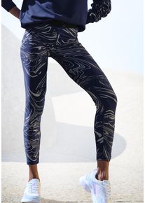 active by Lascana Funktionsleggings LASCANA ACTIVE, Damen, Gr. L (44/46), N-Gr, blau (blau, silber), Obermaterial: 85% Polyester, 15% Elasthan, bedruckt, gemustert, gl&auml;nzend, figurbetont kn&ouml;chellang, Hosen Funktionsleggings, Sportleggings mit gl&auml;nzendem Print und 3D Schriftzug