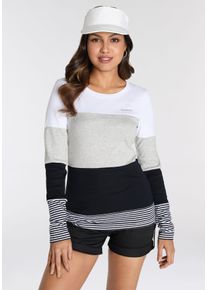 Longsleeve Kangaroos, Damen, Gr. 36/38, schwarz-wei&szlig; (grau, schwarz, wei&szlig;), Rippware, Obermaterial: 100% Baumwolle. Einsatz: 95% Baumwolle, 5% Viskose, bedruckt, gestreift, kontrastfarbene Details, mehrfarbig, unifarben mit Farbeinsatz, unifarben mit Farbeins&auml;tzen, sehr figurbetont h&uuml;ftbedeckend, Rundhals, Shirts Longsleeve, mit Langarm, figurbetonte Passform, Colourblocking-Optik, Topseller