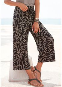 Culotte Lascana, Damen, Gr. 34, N-Gr, schwarz (schwarz, sand bedruckt), Jersey, Obermaterial: 95% Viskose, 5% Elasthan, bedruckt, figurumspielend 7/8-L&auml;nge, Hosen Culotte, mit Bl&auml;tterdruck, luftige Sommerhose in 7/8-L&auml;nge, Strandhose, Topseller