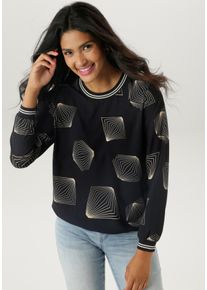 Shirtbluse Aniston SELECTED, Damen, Gr. 46, schwarz (schwarz, beige), Cr&ecirc;pe, Obermaterial: 97% Polyester, 3% Elasthan, bedruckt, gemustert, figurumspielend h&uuml;ftbedeckend, Rundhals, B&uuml;ndchen, Blusen Shirtbluse, mit sportiven B&uuml;ndchen