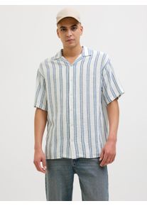 Jack & Jones Kurzarmhemd JACK & JONES "JJEENZO STRIPE RESORT SHIRT SS SN", Herren, Gr. XL, N-Gr, wei&szlig;, Web, Obermaterial: 100% Baumwolle, gestreift, relaxed fit taillenbedeckt, ohne Ausschnitt, gerader Abschluss, Hemden Kurzarmhemd, mit Streifen Muster