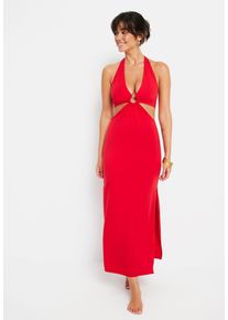 Neckholderkleid LSCN BY LASCANA, Damen, Gr. 40, N-Gr, rot (cherry, rot), Jersey, Obermaterial: 47% Baumwolle, 47% Modal, 5% Elasthan, 1% sonstige Fasern, unifarben, figurbetont lang, tiefer V-Ausschnitt, Kleider Neckholderkleid, mit Cut-outs