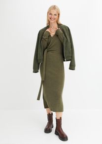 Strickkleid bonprix "Midi-Strickkleid", Damen, Gr. 32/34 (XS), N-Gr, gr&uuml;n (dunkeloliv meliert), Obermaterial: 90% Polyacryl, 10% Polyester, slim fit, V-Ausschnitt, Kleider Strickkleid, mit modernem Wickel-Design, aus Polyacryl und Polyester