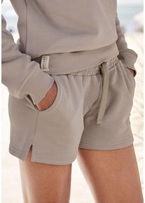 Sweatshorts Lascana, Damen, Gr. 44/46, N-Gr, grau (taupe), Sweatware, Obermaterial: 100% Baumwolle, bestickt, unifarben, bequem kurz, Hosen Sweatshorts, aus organischer Baumwolle, Loungewear
