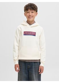 Jack & Jones Kapuzensweatshirt JACK & JONES JUNIOR "JORINWOOD BLOCK BRANDING SWEAT NOOS JNR", Jungen, Gr. 128, wei&szlig; (antique wei&szlig;), angeraute Sweatware, Obermaterial: 70% Baumwolle, 30% Polyester, bedruckt, relaxed fit, Rippb&uuml;ndchen, Sweatshirts Kapuzensweatshirt