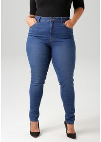 Skinny-fit-Jeans ANISTON PLUS, Damen, Gr. 46, N-Gr, blau (dunkelblau), Denim/Jeans, Obermaterial: 81% Baumwolle, 17% Polyester, 2% Elasthan, Abriebeffekte, unifarben, figurumspielend kn&ouml;chellang, Jeans Skinny-fit-Jeans, regular waist - in dezenter Used-Waschung - NEUE KOLLEKTION