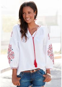 Langarmbluse Lascana, Damen, Gr. 44, bunt (wei&szlig;, rot, blau), Web, Obermaterial: 100% Viskose, unifarben, figurumspielend h&uuml;ftlang, V-Ausschnitt, Raglan&auml;rmel, Blusen Langarmbluse, mit Stickerei, Damenbluse, Tunika, Boho-Style