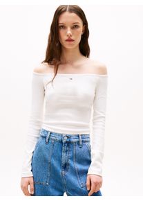 Langarmshirt Tommy Jeans "TJW SLIM ESSENTIAL BOAT NECK LS", Damen, Gr. S (36), beige (ecru), Single Jersey, Obermaterial: 95% Baumwolle, 5% Elasthan, unifarben, figurbetont, Shirts Langarmshirt