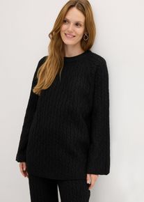 Strickpullover bonprix "Oversize-Pullover mit Zopfmuster", Damen, Gr. 52/54 (XXL), schwarz, Strick, Obermaterial: 97% Polyester, 3% Wolle, unifarben, oversize normal, Rundhals, Trompeten&auml;rmel gerader Abschluss, Pullover Strickpullover, aus Polyester und Wolle, mit Rundhalsausschnitt, mit Zopfmuster