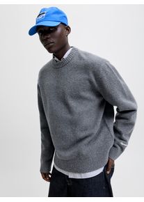 Jack & Jones Strickpullover JACK & JONES "JORNORREBRO KNIT CREW NECK SN", Herren, Gr. XS, grau (dunkelgrau melange), Strick, Obermaterial: 55% Baumwolle, 22% Polyester, 21% Polyacryl, 2% Elasthan, meliert, relaxed fit normal, Rundhals, Rippb&uuml;ndchen, Pullover Strickpullover