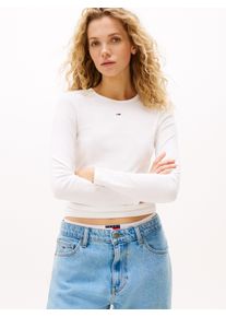 Langarmshirt Tommy Jeans "TJW SLIM ESSENTIAL RIB LS", Damen, Gr. XS (34), beige (ecru), Rippware, Obermaterial: 95% Baumwolle, 5% Elasthan, unifarben, slim fit h&uuml;ftlang, Rundhals, eingesetzt abgesteppt, Shirts Langarmshirt, mit Logostickerei