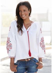 Langarmbluse Lascana, Damen, Gr. 42, bunt (wei&szlig;, rot, blau), Web, Obermaterial: 100% Viskose, unifarben, figurumspielend h&uuml;ftlang, V-Ausschnitt, Raglan&auml;rmel, Blusen Langarmbluse, mit Stickerei, Damenbluse, Tunika, Boho-Style