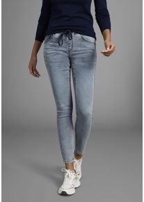 Stretch-Jeans Arizona, Damen, Gr. 46, N-Gr, blau (bleached), Jersey, Obermaterial: 59% Baumwolle, 40% Polyester, 1% Elasthan, Basic, bequem kn&ouml;chellang, Jeans Stretch-Jeans, weites Bein, normale Leibh&ouml;he, kn&ouml;chellang, mit Used-Waschung