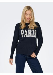 Strickpullover Only "ONLJERICO L/S PULLOVER KNT NOOS", Damen, Gr. S, blau (schwarz navy detail:cd paris), Strick, Obermaterial: 68% Polyacryl, 12% Polyester, 11% Nylon, 6% Wolle, 3% Elasthan, bedruckt, oversize h&uuml;ftbedeckend, V-Ausschnitt, Rippb&uuml;ndchen, Pullover Strickpullover
