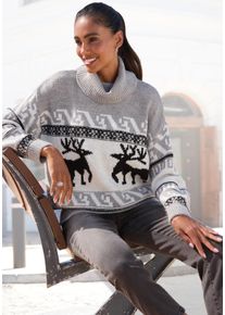 Rollkragenpullover Vivance, Damen, Gr. 36/38, grau (grau, schwarz, creme), Strick, Obermaterial: 85% Polyacryl, 9% Elasthan, 6% Polyamid, gemustert, figurumspielend h&uuml;ftlang, Pullover Rollkragenpullover, mit Wintermotiv, Strickpullover, Norwegerpullover, Weihnachtspullover