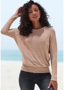 Langarmshirt Vivance "mit breitem Bund", Damen, Gr. 44/46, beige, Feinstrick, Obermaterial: 55% Polyester (REPREVE), 43% Viskose, 2% Elasthan, meliert, bequem normal, Rundhals, Shirts Langarmshirt, aus strukturiertem Feinstrick mit Viskose, Topseller