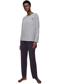 Schlafanzug Triumph, Damen, Gr. 36, grau (dunkelgrau), Single Jersey, Obermaterial: 100% Baumwolle, bestickt, unifarben, bequem lang, Rundhals, Homewear-Sets Schlafanzug, Blumenstickerei, Brusttasche, Rundhalsausschnitt, Langarm