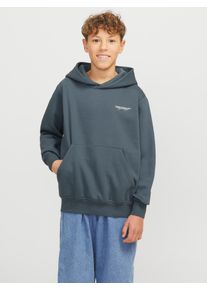 Jack & Jones Kapuzensweatshirt JACK & JONES JUNIOR "JORISLINGTON BACK SWEAT HOOD SN JNR", Jungen, Gr. 128, grau (stormy weather), angeraute Sweatware, Obermaterial: 70% Baumwolle, 30% Polyester, unifarben, loose fit normal, Rippb&uuml;ndchen, Sweatshirts Kapuzensweatshirt