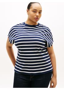 Kurzarmshirt Tommy Hilfiger Curve "CRV GOLD BUTTON SS TEE", Damen, Gr. 54, beige (schwarz night navy, ivory silk stp), Single Jersey, Obermaterial: 100% Baumwolle, gestreift, Rundhals, Shirts Kurzarmshirt, in gro&szlig;en Gr&ouml;&szlig;en