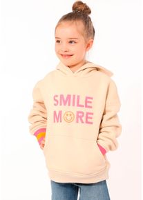 Hoodie Zwillingsherz "Jovanna" Kids", M&auml;dchen, Gr. 110/116, beige, Sweatware, Obermaterial: 50% Baumwolle, 50% Polyester, regular fit h&uuml;ftbedeckend, ohne Ausschnitt, angesetztes B&uuml;ndchen, Sweatshirts Hoodie, mit "Smile More"-Aufstick und neonfarbenen Armb&uuml;ndchen