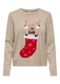 Weihnachtspullover Only "ONLXMAS SHINE LS ONECK KNT", Damen, Gr. XL, humus detail:christmas sock, Strick, Obermaterial: 100% Polyacryl, gemustert, regular fit, Rundhals, Pullover Weihnachtspullover