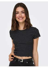 Rundhalsshirt Only "ONLEMMA STRIPE S/S TOP", Damen, Gr. L (40), schwarz (schwarz stripes:cloud dancer), Jersey, Obermaterial: 65% Polyester, 30% Viskose, 5% Elasthan, gestreift, figurbetont kurz, Rundhals, gewellter Abschluss, Shirts Rundhalsshirt