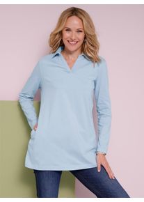 Langarmshirt Classic Basics "Longshirt", Damen, Gr. 44, blau (eisblau), 100% Baumwolle, unifarben, V-Ausschnitt, Shirts Langarmshirt