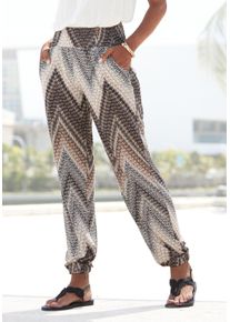 Jerseyhose Lascana, Damen, Gr. 46, N-Gr, bunt (schwarz, braun, creme bedruckt), Jersey, Obermaterial: 100% Viskose, bedruckt, figurumspielend lang, Hosen Jerseyhose, mit Alloverprint und Taschen, Stretchbund, Strandhose, Topseller