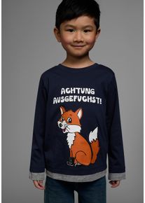 Langarmshirt Kidsworld "ACHTUNG AUSGEFUCHST", Jungen, Gr. 104/110, blau (marine), Jersey, Obermaterial: 100% Baumwolle. Einsatz: 85% Baumwolle, 15% Viskose, bedruckt, Basic, Shirts Langarmshirt, Shirt mit coolem Fuchsdruck, Topseller