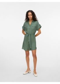 V&eacute;ro Moda Hemdblusenkleid VERO MODA "VMBUMPY SS SHORT SHIRT DRESS WVN GA NOOS", Damen, Gr. M, N-Gr, gr&uuml;n (laurel wreath), Web, Obermaterial: 100% Viskose, unifarben, regular fit kurz, V-Ausschnitt, Kleider Hemdblusenkleid, Viskose, loose fit