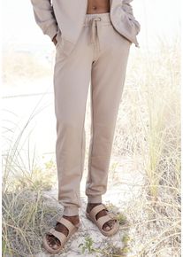 Sweathose Lascana, Damen, Gr. 44/46, N-Gr, braun (hellbraun), Sweatware, Obermaterial: 100% Baumwolle, bestickt, unifarben, bequem normal, Hosen Sweathose, aus organischer Baumwolle, Loungewear