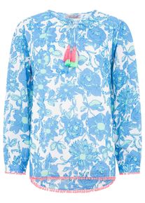 Shirtbluse Zwillingsherz "Schmetterling", Damen, Gr. SM (S/M), blau (mittelblau), Obermaterial: 100% Baumwolle, gemustert, loose fit h&uuml;ftlang, Serafino, Blusen Shirtbluse, mit Blumenmuster, Tasseln und Pom Pom Besatz
