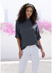 Kurzarmshirt Lascana "mit Stehkragen", Damen, Gr. 44/46, blau (navy), Cr&ecirc;pe, Obermaterial: 97% Polyester, 3% Elasthan, unifarben, l&auml;ssig geschnitten, Shirts Kurzarmshirt, aus b&uuml;gelfreier Cr&ecirc;pe-Qualit&auml;t, Topseller