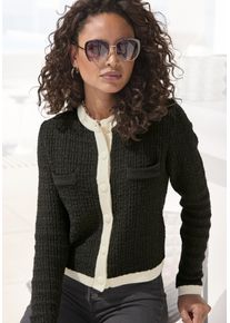 Strickjacke Lascana, Damen, Gr. 36/38, beige (schwarz, creme), Strick, Obermaterial: 37% Polyester, 36% Polyacryl, 22% Baumwolle, 5% Elasthan, unifarben mit Farbeinsatz, figurbetont taillenbedeckt, Rundhals, kontrastfarben, Strickjacken Strickjacke, mit dezentem Lurexgarn, Kontrastb&uuml;ndchen, casual-chic, elegant, Topseller