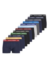 Jack & Jones Trunk JACK & JONES "JACSOLID Stretchkomfort, elastisch, bequem mit sportlichem Look", Herren, Gr. L, 12 Stk., schwarz pack:schwarz, schwarz, schwarz, schwarz, dgm, lgm, navy blazer, navy blazer, navy blazer, Jersey, Obermaterial: 95% Baumwolle, 5% Elasthan, unifarben mit Farbeinsatz, Unterhosen Trunk, bedruckt, modisch, eng anliegend, Baumwollmischung, B&uuml;ndchen