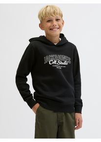 Jack & Jones Kapuzensweatshirt JACK & JONES JUNIOR "JJMAKOTO SWEAT HOOD JNR", Jungen, Gr. 128, schwarz (schwarz print:big print), angeraute Sweatware, Obermaterial: 60% Baumwolle, 40% Polyester, bedruckt, regular fit, Rippb&uuml;ndchen, Sweatshirts Kapuzensweatshirt