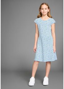 Jerseykleid Kidsworld "Skaterkleid in Allover-Design", Damen, Gr. 164/170, N-Gr, blau (blau gebl&uuml;mt), Jersey, Obermaterial: 95% Baumwolle, 5% Elasthan, bedruckt, gebl&uuml;mt, figurumspielend kniefrei, Rundhals, Kleider Jerseykleid, weich fallendes Jersey-Kleid