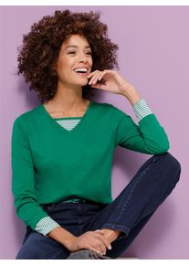 Langarmshirt Classic Basics "Shirt", Damen, Gr. 48, gr&uuml;n, 100% Baumwolle, gemustert, mehrfarbig, V-Ausschnitt, Shirts Langarmshirt