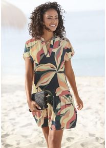 Blusenkleid s.Oliver, Damen, Gr. 50, N-Gr, bunt (marine, koralle bedruckt), Web, Obermaterial: 100% Viskose, bedruckt, figurumspielend ca. Mitte Oberschenkel, V-Ausschnitt, Kleider Blusenkleid, mit Volant am Rock, kurzes Sommerkleid, Strandkleid, Topseller