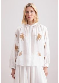 Klassische Bluse Seidensticker "Schwarze Rose", Damen, Gr. M38, beige (ecru), 62% Viskose, 25% Polyamid, 13% Leinen, unifarben, oversize, Rundhals, Blusen Klassische Bluse, 1/1 Rundhals Stickerei