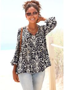 Langarmbluse Vivance, Damen, Gr. 40, blau (marine, beige bedruckt), Web, Obermaterial: 100% Viskose, bedruckt, figurumspielend h&uuml;ftlang, Rundhals, elastischer Bund mit innenliegendem Gummizug, Blusen Langarmbluse, mit Ballon&auml;rmeln, luftige Tunika mit lockerem Schnitt, Boho-Style