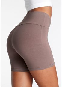 Shorts Lascana, Damen, Gr. 48/50, N-Gr, grau (taupe), Single Jersey, Obermaterial: 95% Baumwolle, 5% Elasthan, unifarben, Basic, kurz, Hosen Shorts, mit breitem B&uuml;ndchen und Logodruck, Loungewear