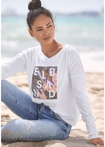 Langarmshirt ELBSAND "Inea", Damen, Gr. L (40), wei&szlig;, Jersey, Obermaterial: 50% Baumwolle, 50% Polyester, unifarben mit Farbeinsatz, figurumspielend h&uuml;ftlang, Rundhals, Rippb&uuml;ndchen, Shirts Langarmshirt, mit Frontdruck, Longsleeve, lockerer Schnitt