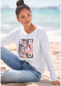 Langarmshirt ELBSAND "Inea", Damen, Gr. XL (42), wei&szlig;, Jersey, Obermaterial: 50% Baumwolle, 50% Polyester, unifarben mit Farbeinsatz, figurumspielend h&uuml;ftlang, Rundhals, Rippb&uuml;ndchen, Shirts Langarmshirt, mit Frontdruck, Longsleeve, lockerer Schnitt