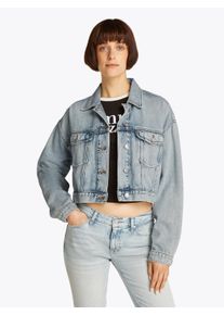 Jeansjacke Tommy Jeans "OVSZ CROP TRUCKER JACKET BI6012", Damen, Gr. XXL (44), blau (denim light), Denim/Jeans, Obermaterial: 82% Baumwolle, 18% Lyocell, unifarben, oversize kurz, 1-Knopf-Manschette, Jacken Jeansjacke, mit kurzem Schnitt, in blauer Waschung, mit Brusttaschen