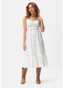 Midikleid Lascana, Damen, Gr. 42, N-Gr, wei&szlig;, Web, Obermaterial: 100% Baumwolle. Futter: 100% Baumwolle, unifarben, figurumspielend ca. Mitte Wade, V-Ausschnitt, Kleider Midikleid, mit sommerlicher Lochstickerei