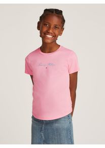 T-Shirt Tommy Hilfiger "TOMMY SCRIPT SLIM TEE SS", M&auml;dchen, Gr. 74, pink (pink sugar), Single Jersey, Obermaterial: 60% Baumwolle, 40% Polyester, bedruckt, slim fit, Rundhals, abgesteppt, Shirts T-Shirt, mit glitzerndem Schriftzug